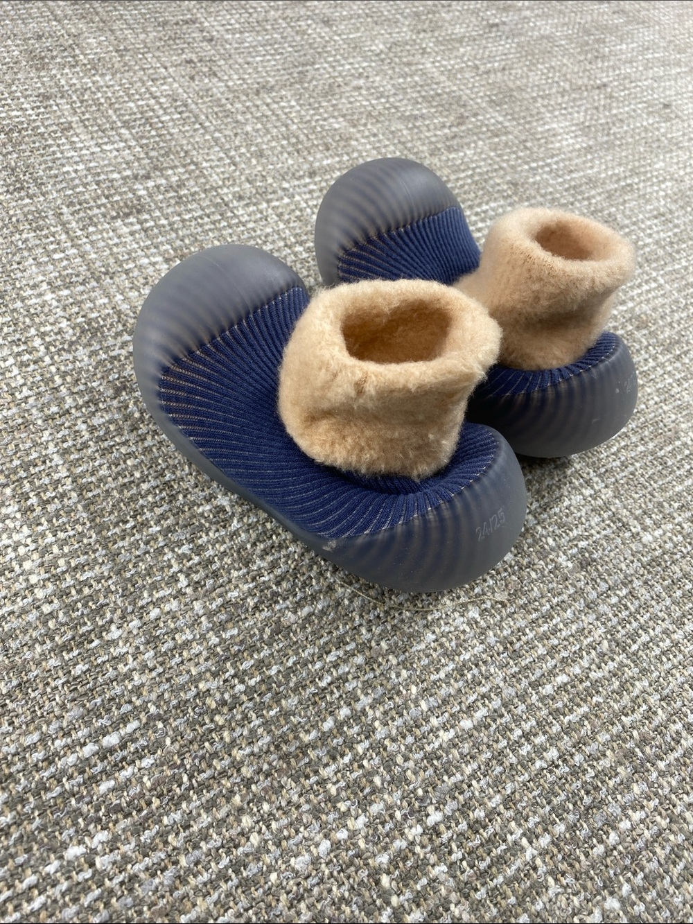 Baby Walker Slip-On Shoes with Navy Knit and Tan Fleece Cuff